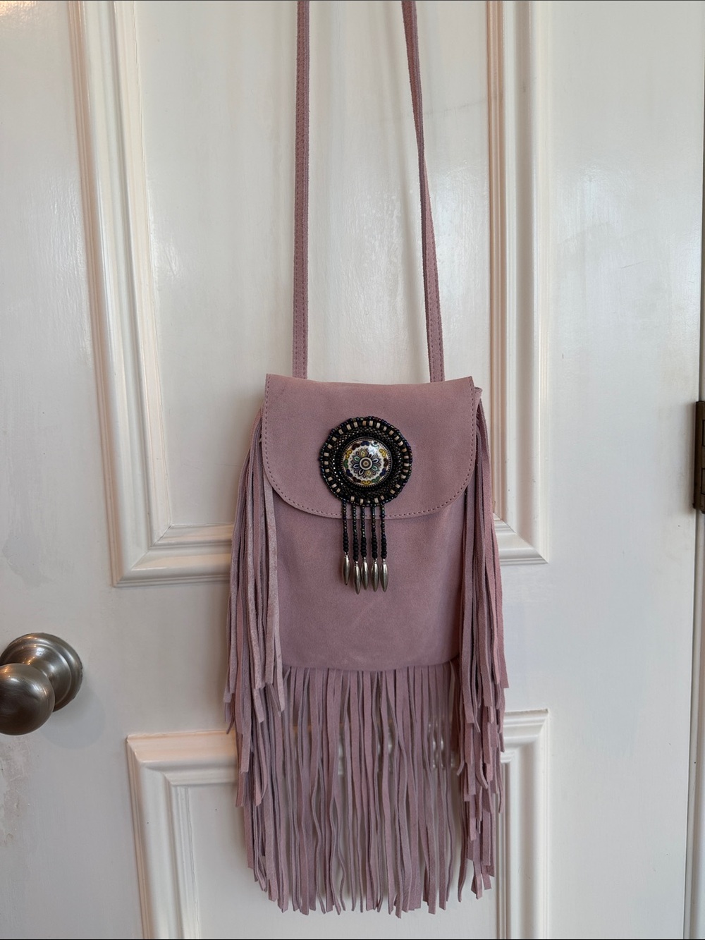 Boho Fringe Suede Crossbody Bag in Dusty Pink with Beaded Medallion